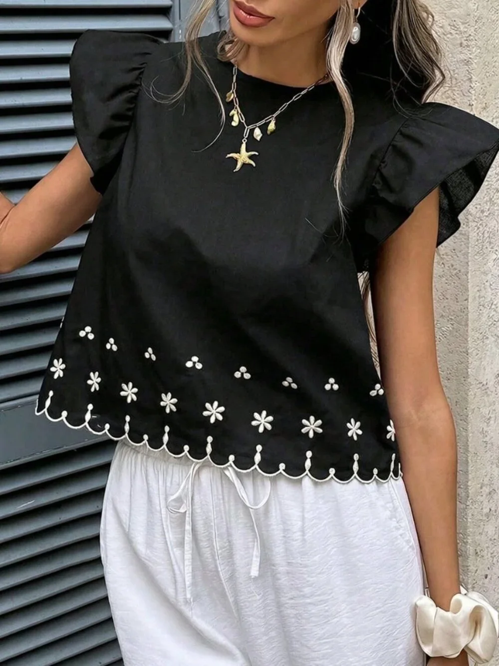 Black Casual Women's Ruffle Armhole Embroidered Shell Trim Loose Blouse Top